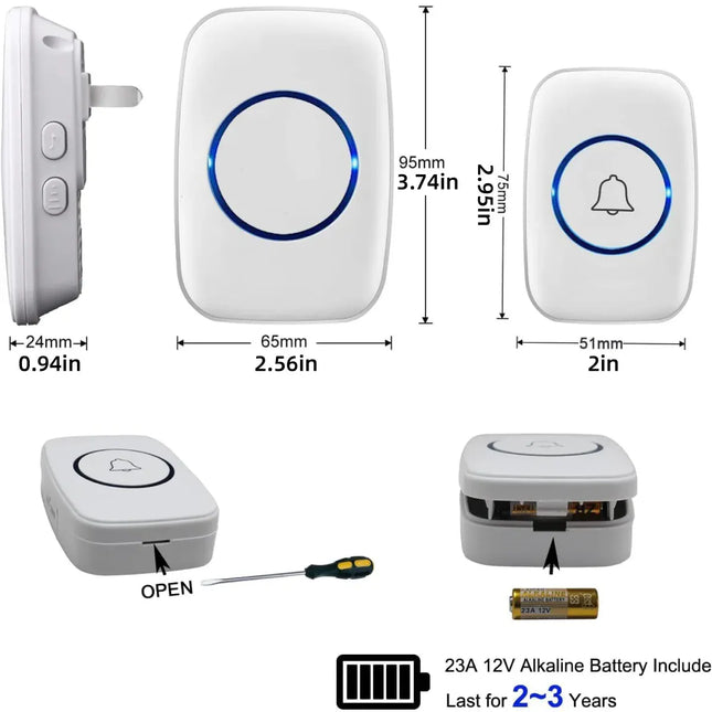 Wireless Doorbell Kit Home Call Button Remote Control White Waterproof Chime - White