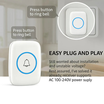 Wireless Doorbell Kit Home Call Button Remote Control White Waterproof Chime - White