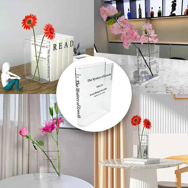 Transparent Book Vase Flower Holder Acrylic Decorative Table Display Stand