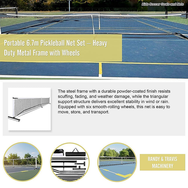 Portable 6.7m Pickleball Net Set – Heavy Duty Metal Frame with Wheels