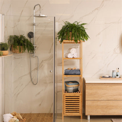 Large Bathroom Floor Cabinet Bamboo Storage Cupboard Living Room w/ Hook & Shelf