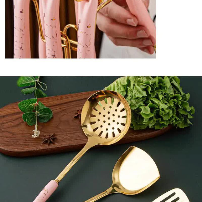 Black Gold Stainless Steel Kitchen Utensil Set - 7-Piece Golden Cooking Tools with Stand