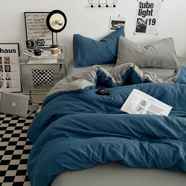 Blue-grey 1.5m Bed Fitted Sheet Set with 200x230cm Duvet Cover - 4-Piece Bedding Set
