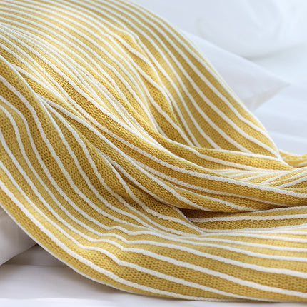 Yellow Cozy Knit Throw Blanket with Fringe - Stylish Striped  Bed End Cover, 127x220CM