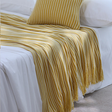 Yellow Cozy Knit Throw Blanket with Fringe - Stylish Striped  Bed End Cover, 127x220CM
