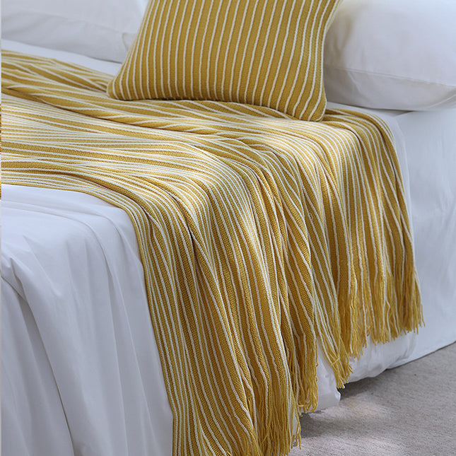 Yellow Cozy Knit Throw Blanket with Fringe - Stylish Striped  Bed End Cover, 127x220CM