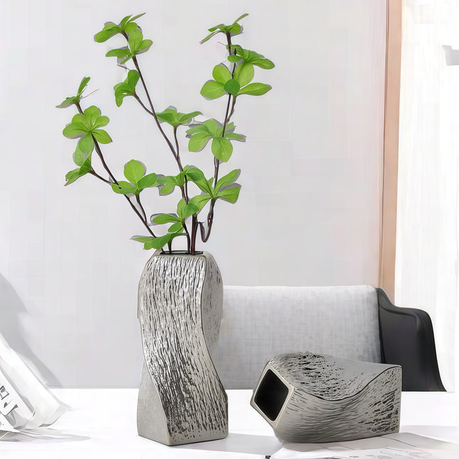 Silver Abstract Twisted Ceramic Vase - Artistic Minimalist Flower Holder for Home Decor (20x10x10cm)