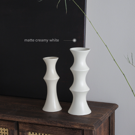 Matte White Ceramic Vase - Unique Bamboo Shape Design (25.5x9x7cm)