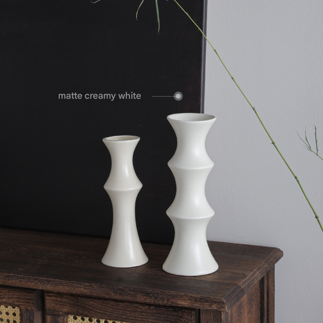 Matte White Ceramic Vase - Unique Bamboo Shape Design (25.5x9x7cm)