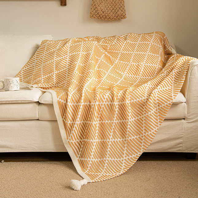 Yellow and Beige Diamond Pattern Soft Cozy Knit Throw Blanket with Tassels - Geometric Pattern Lightweight Acrylic Blanket for Sofa Couch Bed, 130x150cm
