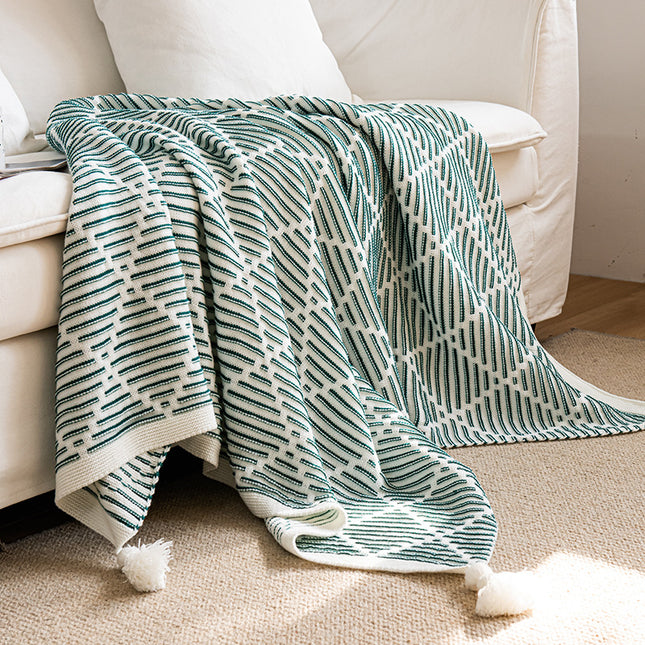 Green and Beige Diamond Pattern Soft Cozy Knit Throw Blanket with Tassels - Geometric Pattern Lightweight Acrylic Blanket for Sofa Couch Bed, 130x150cm
