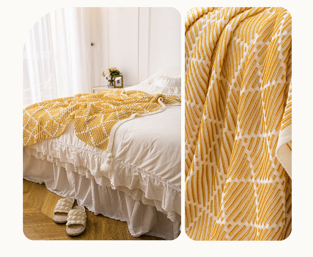 Orange and Beige Diamond Pattern Soft Cozy Knit Throw Blanket with Tassels - Geometric Pattern Lightweight Acrylic Blanket for Sofa Couch Bed, 130x150cm