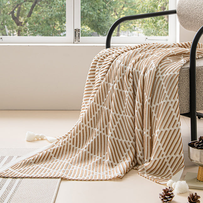 Orange and Beige Diamond Pattern Soft Cozy Knit Throw Blanket with Tassels - Geometric Pattern Lightweight Acrylic Blanket for Sofa Couch Bed, 130x150cm