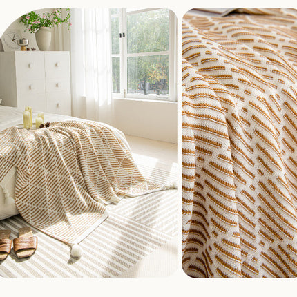 Orange and Beige Diamond Pattern Soft Cozy Knit Throw Blanket with Tassels - Geometric Pattern Lightweight Acrylic Blanket for Sofa Couch Bed, 130x150cm