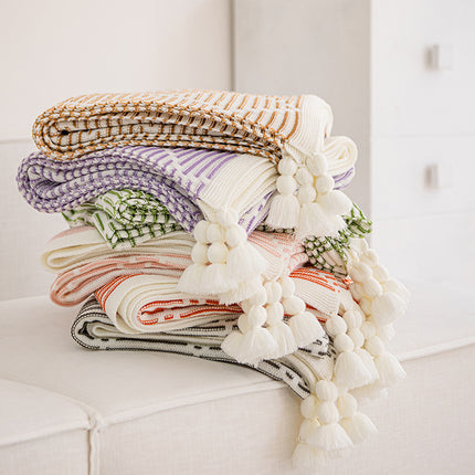 Purple and Beige Diamond Pattern Soft Cozy Knit Throw Blanket with Tassels - Geometric Pattern Lightweight Acrylic Blanket for Sofa Couch Bed, 130x150cm
