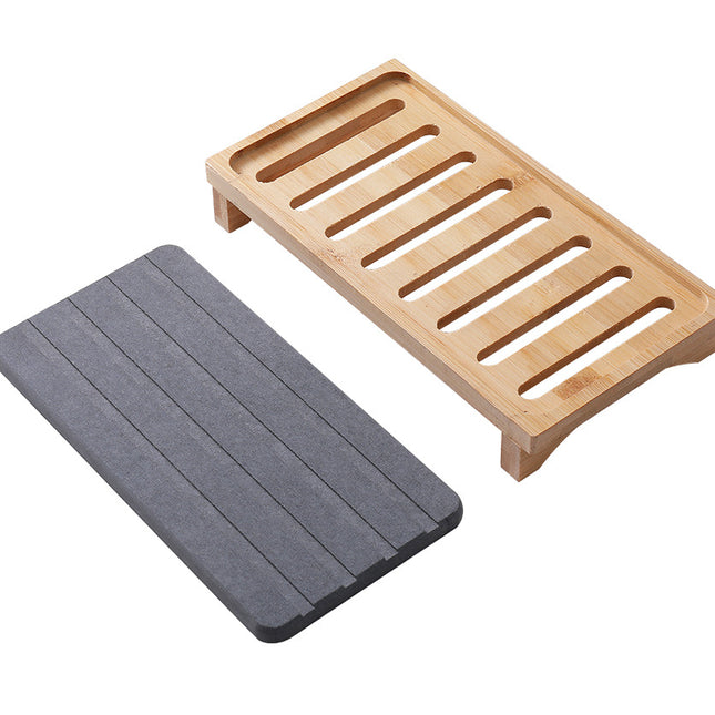 White Natural Diatomaceous Earth Absorbent Drying Tray with Bamboo Base - Quick-Dry Stone Mat for Kitchen & Bathroom Sink
