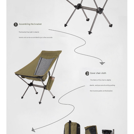 Khaki Lightweight Portable Folding Camping Chair - High-Back Aluminum Alloy Moon Chair with Oxford Fabric, Side Pocket & Carry Bag for Outdoor, Beach, Fishing