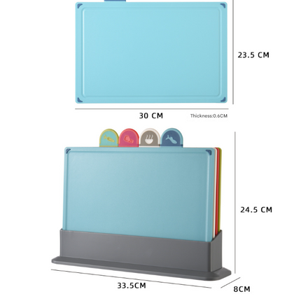 Coloerful 4-Piece Colour-Coded Index Cutting Board Set with Storage Stand - Food-Safe PP, Non-Slip, Easy Clean Kitchen Chopping Boards