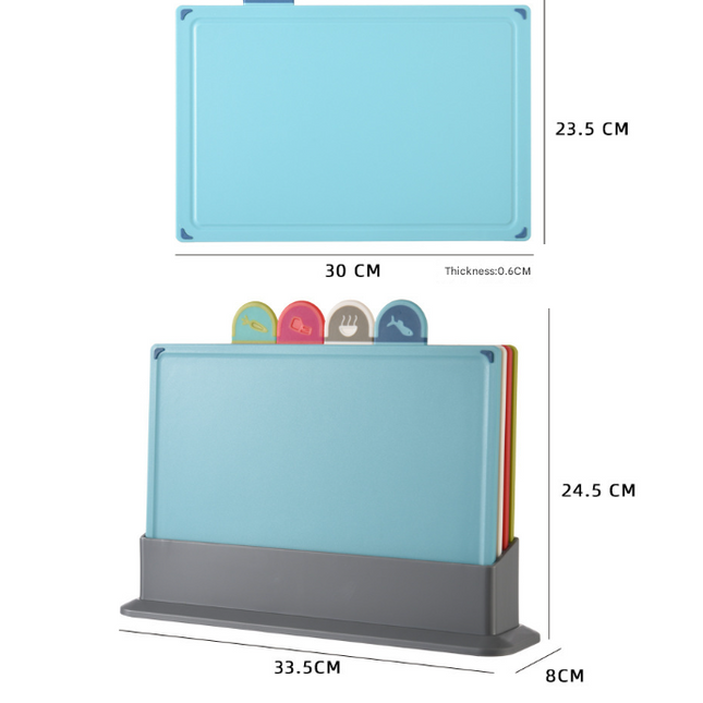 Coloerful 4-Piece Colour-Coded Index Cutting Board Set with Storage Stand - Food-Safe PP, Non-Slip, Easy Clean Kitchen Chopping Boards