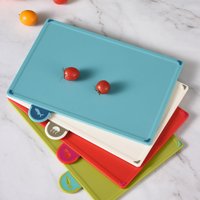 Coloerful 4-Piece Colour-Coded Index Cutting Board Set with Storage Stand - Food-Safe PP, Non-Slip, Easy Clean Kitchen Chopping Boards