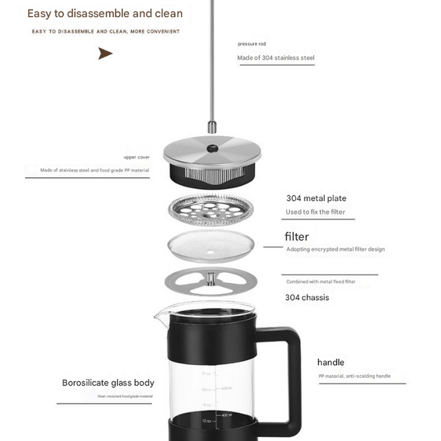 Black Classic 1000ml French Press Coffee & Tea Maker - Heat Resistant Borosilicate Glass, Stainless Steel Filter