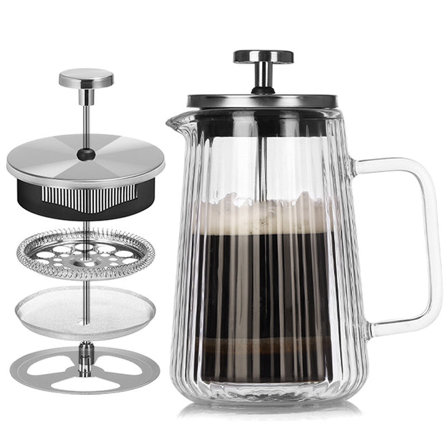Transparent Elegant Ribbed Double Wall Glass French Press - 650ml Heat Resistant Coffee and Tea Maker with Stainless Steel Filter