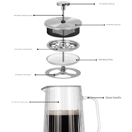 Transparent Elegant Ribbed Double Wall Glass French Press - 650ml Heat Resistant Coffee and Tea Maker with Stainless Steel Filter