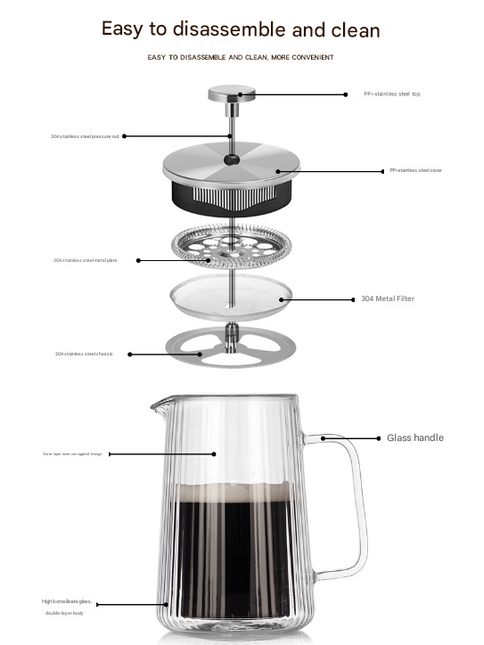 Transparent Elegant Ribbed Double Wall Glass French Press - 650ml Heat Resistant Coffee and Tea Maker with Stainless Steel Filter