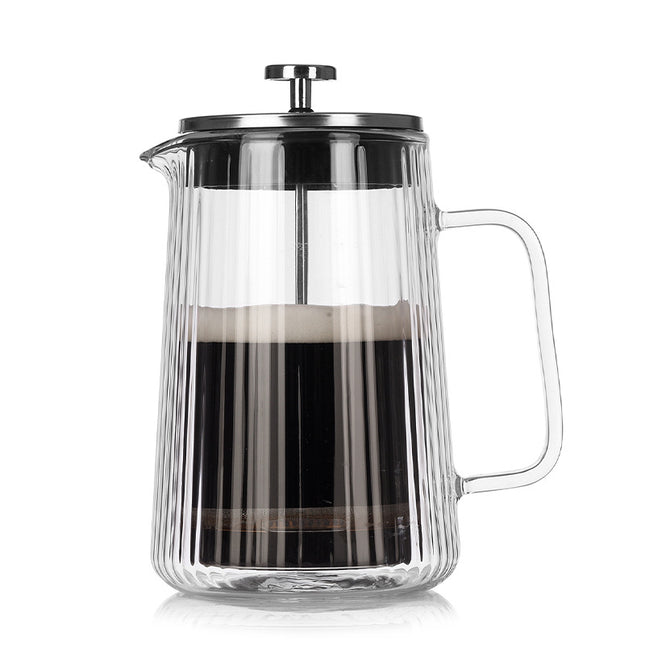 Transparent Elegant Ribbed Double Wall Glass French Press - 1000ml Heat Resistant Coffee and Tea Maker with Stainless Steel Filter