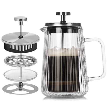 Transparent Elegant Ribbed Double Wall Glass French Press - 1000ml Heat Resistant Coffee and Tea Maker with Stainless Steel Filter