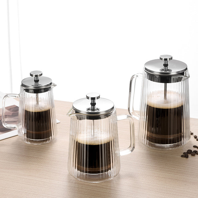 Transparent Elegant Ribbed Double Wall Glass French Press - 1000ml Heat Resistant Coffee and Tea Maker with Stainless Steel Filter