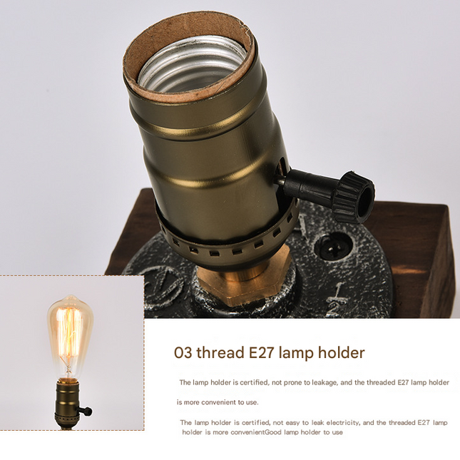 Rustic Industrial Table Lamp Vintage Wooden Base Accent Light