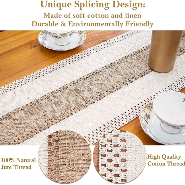 White-Brown Bohemian Woven Table Runner with Tassels(30X183CM) - Wrinkle-Resistant Striped Table Scarf for Wedding, Holiday & Outdoor Party