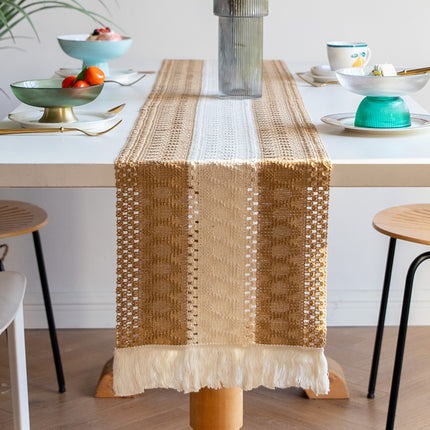 White-Green Bohemian Woven Table Runner with Tassels(30X183CM) - Wrinkle-Resistant Striped Table Scarf for Wedding, Holiday & Outdoor Party