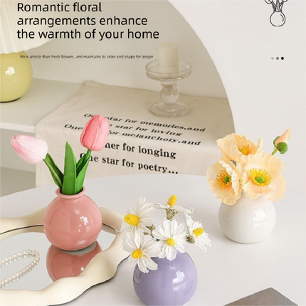 Ceramic Vase with Tulip Artificial Flowers Set – Mini Decorative Pot for Home Living Room or Desk Display
