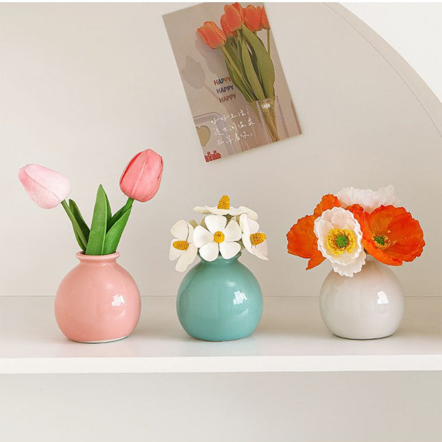 Ceramic Vase with Poppy Artificial Flowers Set – Mini Decorative Pot for Home Living Room or Desk Display