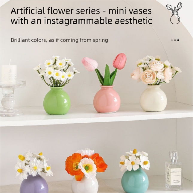 Ceramic Vase with camellia bud Artificial Flowers Set – Mini Decorative Pot for Home Living Room or Desk Display