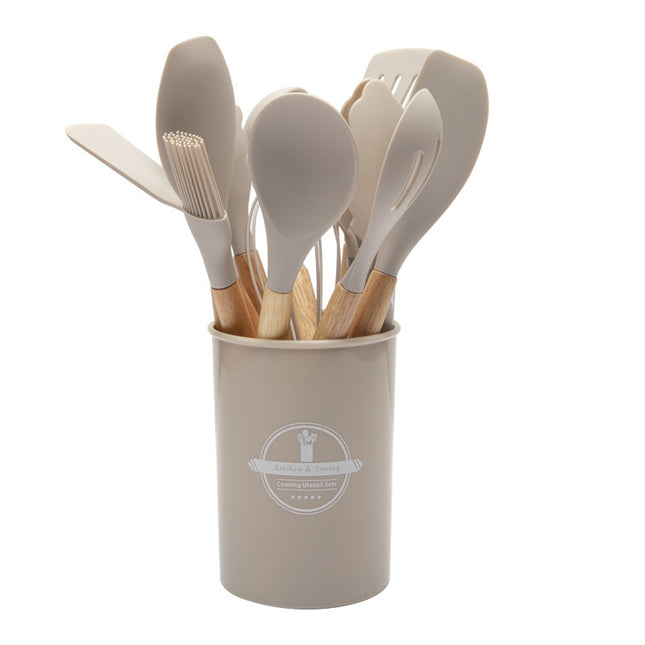 12-Piece Khaki Heat-Resistant Silicone Cooking Utensils with Wooden Handles and Box - Non-Stick Scratch-Free Kitchen Tool Kit