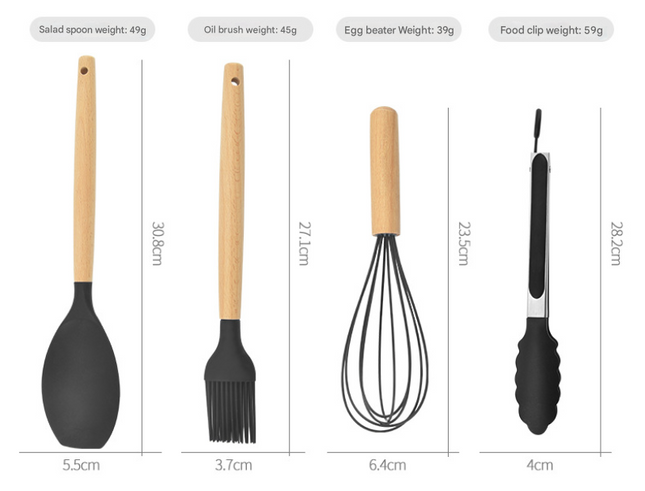 12-Piece Khaki Heat-Resistant Silicone Cooking Utensils with Wooden Handles and Box - Non-Stick Scratch-Free Kitchen Tool Kit