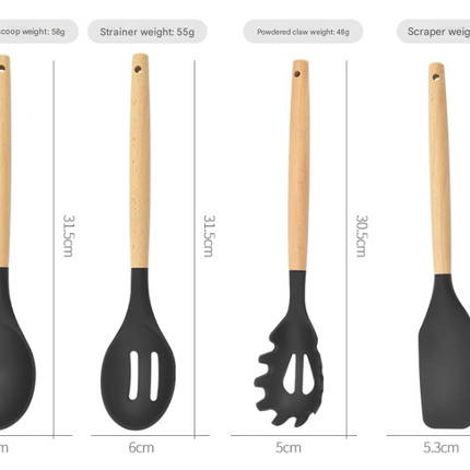 12-Piece White Heat-Resistant Silicone Cooking Utensils with Wooden Handles and Box - Non-Stick Scratch-Free Kitchen Tool Kit