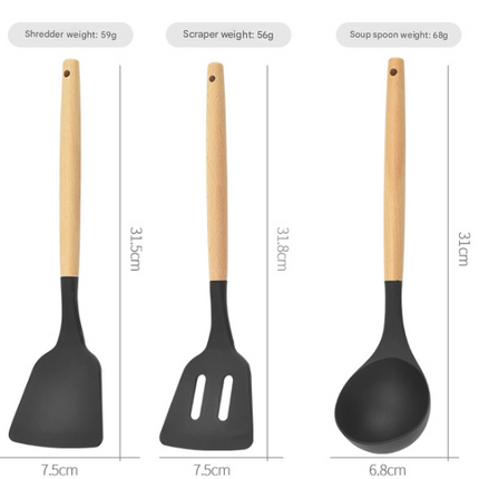 12-Piece Grey Heat-Resistant Silicone Cooking Utensils with Wooden Handles and Box - Non-Stick Scratch-Free Kitchen Tool Kit