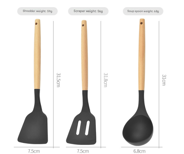 12-Piece Grey Heat-Resistant Silicone Cooking Utensils with Wooden Handles and Box - Non-Stick Scratch-Free Kitchen Tool Kit