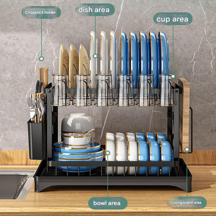 Black Foldable Dish Rack with Drain Tray, Knife & Chopstick Holder, Cup Rack, and Cutting Board Support – 42cm x 29cm x 29cm, Easy-Install Kitchen Storage Organizer for Plates, Bowls, Glasses, and Utensils