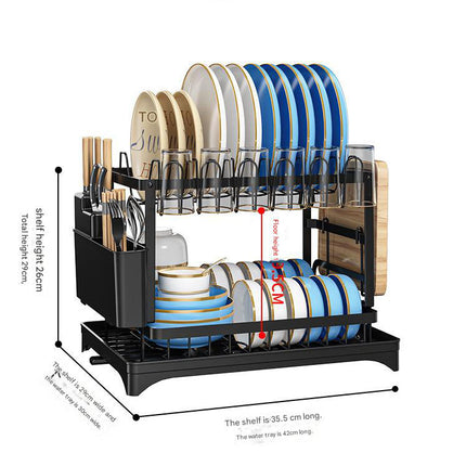 Black Foldable Dish Rack with Drain Tray, Knife & Chopstick Holder, Cup Rack, and Cutting Board Support – 42cm x 29cm x 29cm, Easy-Install Kitchen Storage Organizer for Plates, Bowls, Glasses, and Utensils