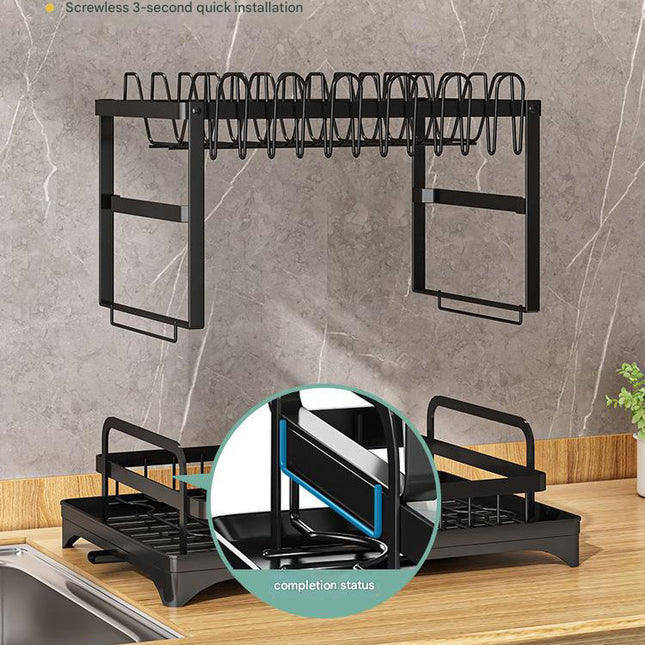 White Foldable Dish Rack with Drain Tray, Knife & Chopstick Holder, Cup Rack, and Cutting Board Support – 42cm x 29cm x 29cm, Easy-Install Kitchen Storage Organizer for Plates, Bowls, Glasses, and Utensils