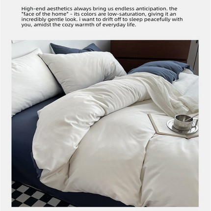 White and Dark Grey Washed Cotton Bedding Set - Solid Color Fitted Sheet Style, 4-Piece Set for 1.8m Bed, Includes 10 Random Color Quilt Fasteners