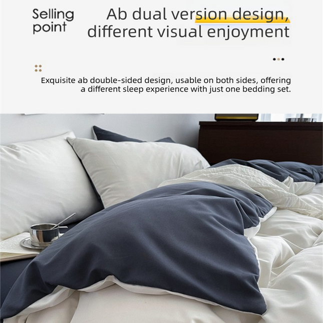 Black Washed Cotton Bedding Set - Solid Color Fitted Sheet Style, 4-Piece Set for 1.8m Bed, Includes 10 Random Color Quilt Fasteners