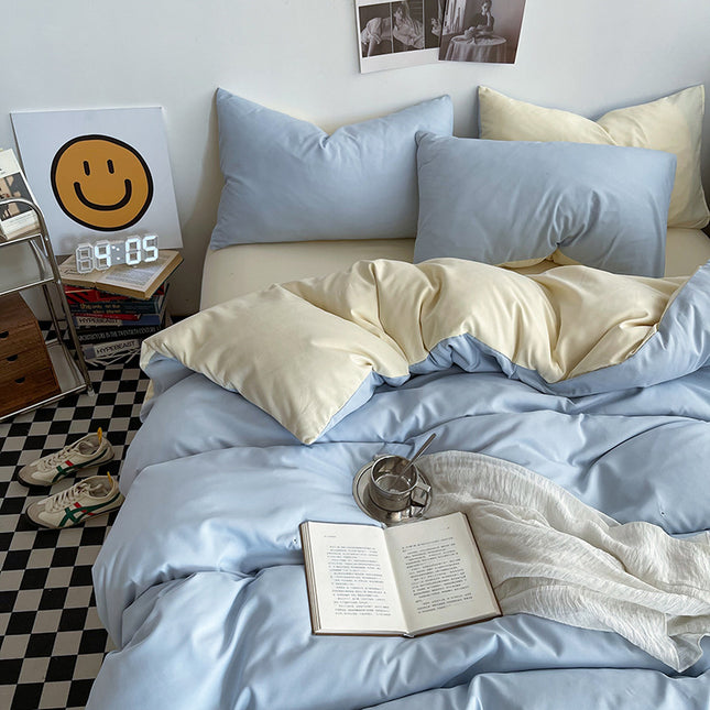 Light blue cheese Washed Cotton Bedding Set - Solid Color Fitted Sheet Style, 4-Piece Set for 1.8m Bed, Includes 10 Random Color Quilt Fasteners
