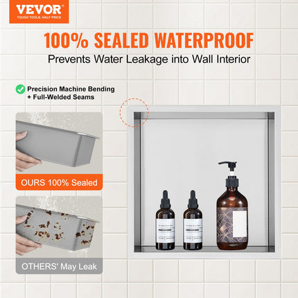 33.02 x 33.02 cm No Tile Shower Niche 304 Stainless Steel, Wall-Inserted Niche Recessed Double Shelves, Sealed Waterproof Rust-Resistant Modern Niche for Shower Bathroom Soap Storage, Silver