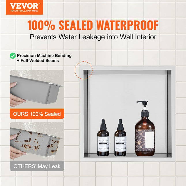 33.02 x 33.02 cm No Tile Shower Niche 304 Stainless Steel, Wall-Inserted Niche Recessed Double Shelves, Sealed Waterproof Rust-Resistant Modern Niche for Shower Bathroom Soap Storage, Silver